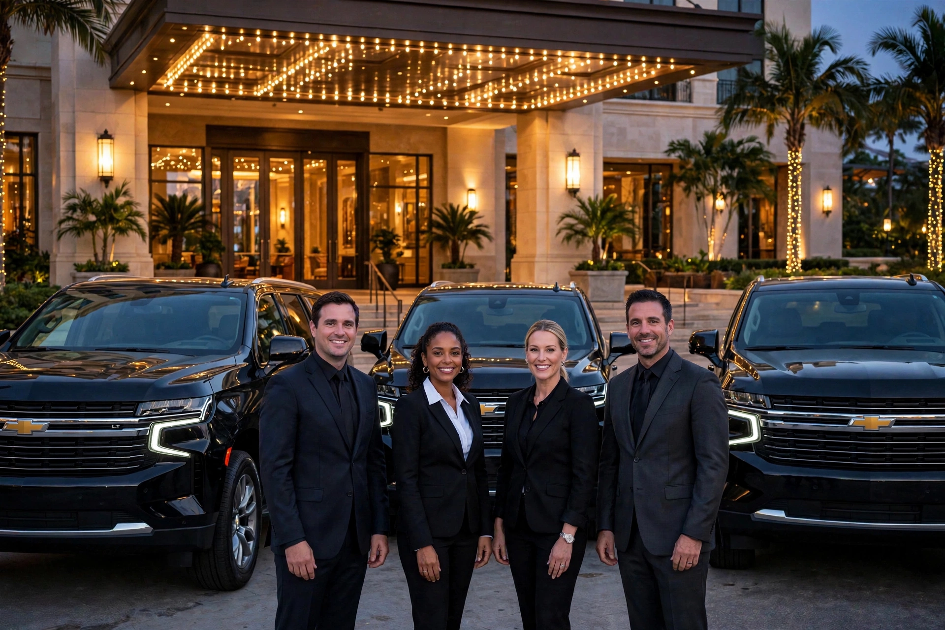 Three black Suburbans with four chauffeurs
