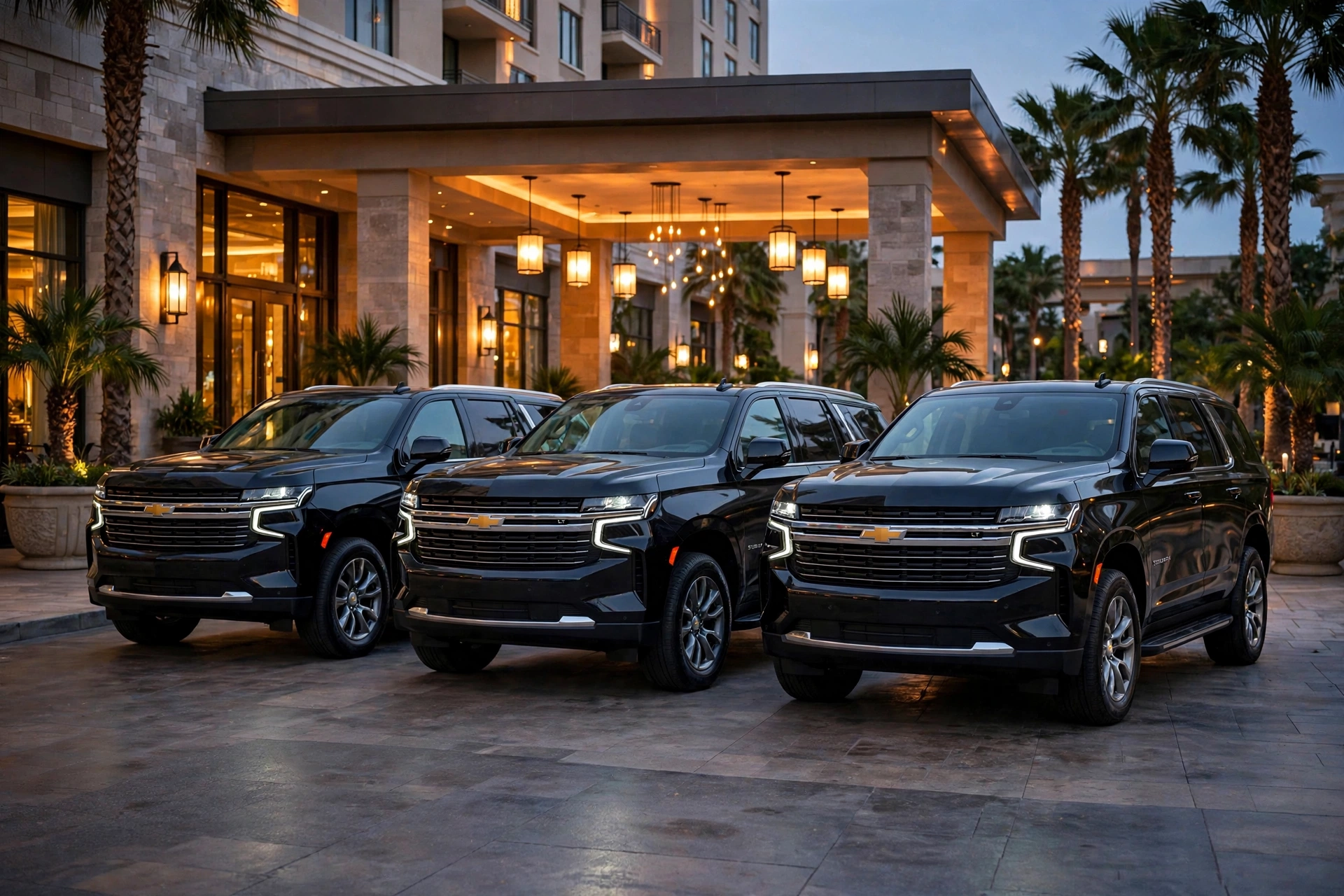 Three black Chevrolet Suburbans lined up