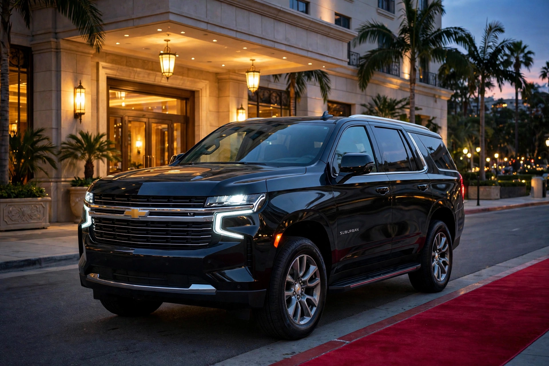 Black Suburban parked outside a luxury hotel at dusk