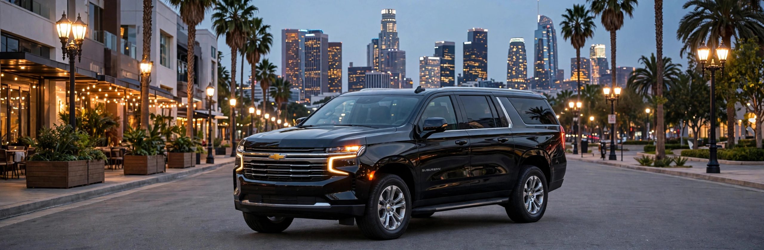 Black Chevrolet Suburban at dusk with the downtown Los Angeles skyline
